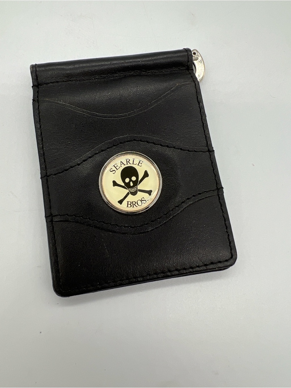 Searle Bros Black Leather Money Clip with Skull Emblem